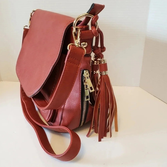 Cleo Orange/Brown Fold-Over Tassel Saddle Bag/Crossbody Medium Bag. - Picture 9 of 11